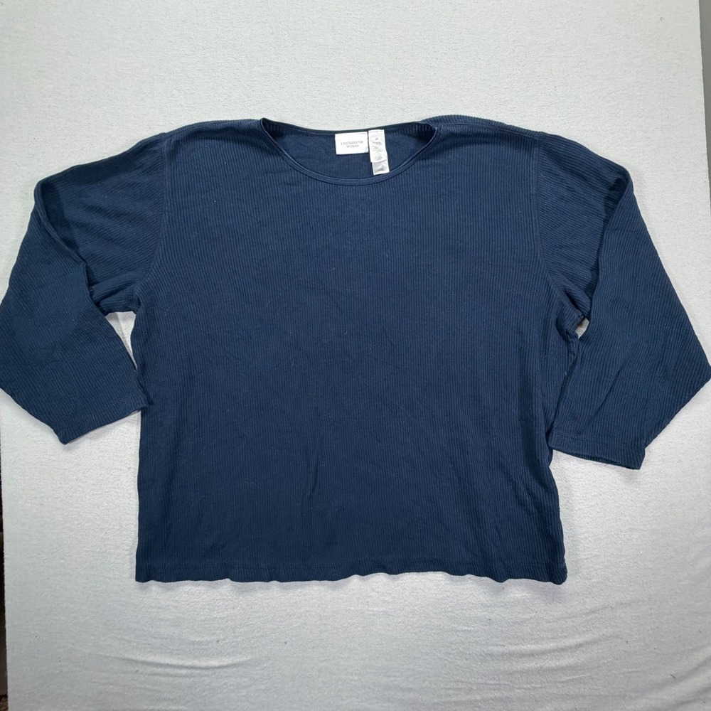 Liz Claiborne Ribbed Knit Top Women 3X Good Navy Blue Long Sleeve Cotton